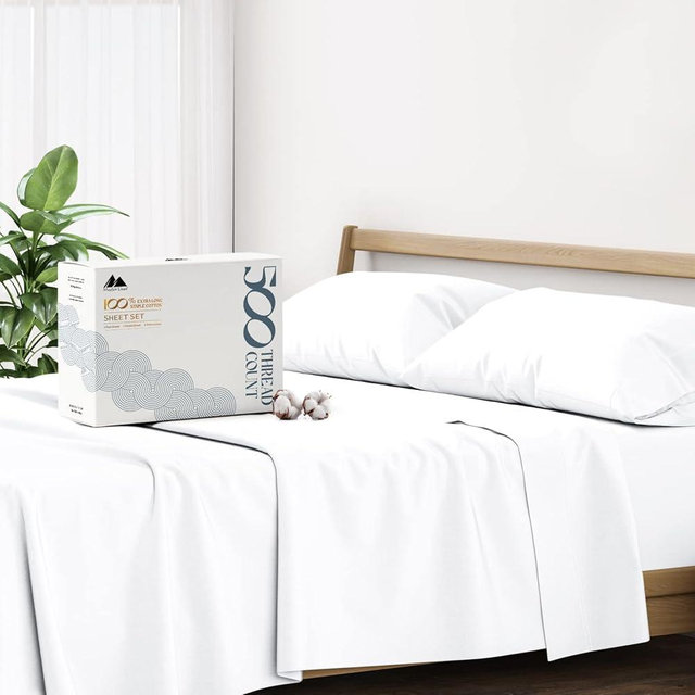 Mayfair Linen 100% Cotton Sheets California King Size Bed Set - 500 Thread Count Sheets Cal King Size 4 PC Set (White), Soft, Cooling, Hotel-Quality 16" Deep Pocket Cotton Bedsheet for Hot Sleepers