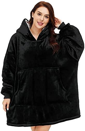 Oversized Wearable Blanket Sherpa Fleece Blanket Hoodie Comfortable Soft Warm Thick Big Hooded Sweatshirt Hoodie Blanket for Adults Women Girls Teenagers Teens Men Black