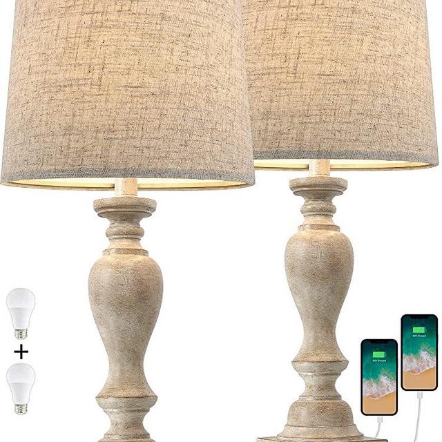 PORTRES 25.75'' Farmhouse 3-Way Dimmable Table Lamp Set of 2 Rustic Touch Control Bedside Nightstand Lamps with Dual USB Charging Ports for Bedroom Desk Lamps for Living Room(2 Bulbs Included)