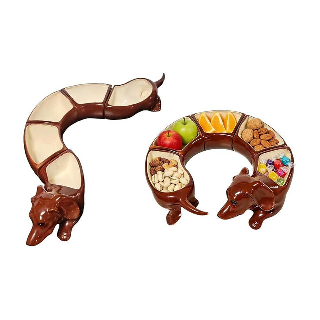 Dachshund Chip and Dip Serving Set, 5 Grid Dachshund Design Divided Serving Tray Platters, Appetizer Dish, Snack Bowl Set, Party Server Trays and Platters, for Christmas, Thanksgiving, Party, Kitchen