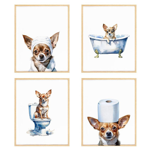 BRRNYOI Chihuahua Dog Bathroom Wall Art Posters Set of 4, Chihuahua Lover Gifts, Funny Dog Toilet Canvas Prints Wall Decor for Bathroom Washroom Restroom, 8x10 Unframed