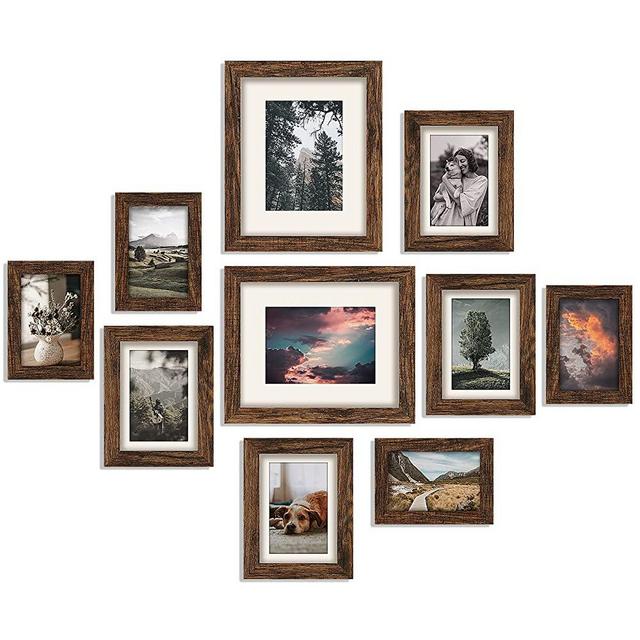 Picture Frame Set for Wall Collage - 10 pcs Farmhouse Photo Frames with Shatterproof Glass Including Two 8×10 Four 5×7 Four 4×6 for Hanging Wall or Tabletop Decor - Rustic Brown