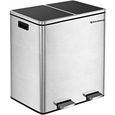 SONGMICS 16 Gallon Step Trash Can, Double Recycle Pedal Bin, 2 x 30L Garbage Bin with Plastic Inner Buckets and Carry Handles, Fingerprint Proof Stainless Steel, Slow Close ULTB60NL