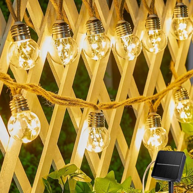 Brightown Solar String Lights Outdoor, 2 Pack 30Ft Vintage Hemp Rope Patio Lights with 15 Shatterproof Bulbs, 8 Light Modes Waterproof Hanging Lights for Backyard Fence Café Bistro Decor, Warm White