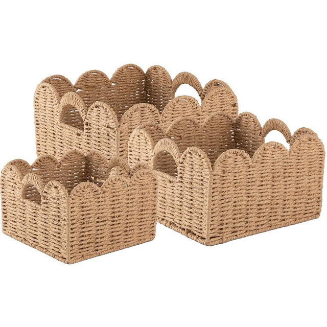 OIAHOMY Scalloped Wicker Baskets, Hand-woven Storage Baskets with Built-in Handles, Paper Rope Shelf Baskets for Organizing and Decoration, Set of 3-Yellow