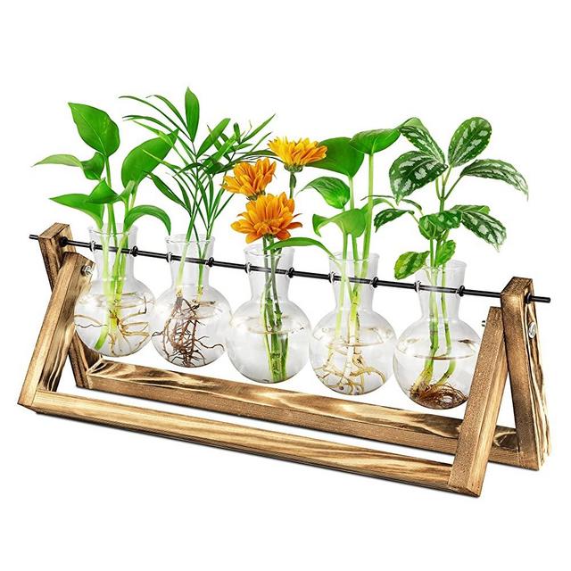 Waytoeast Plant Propagation Stations, Air Plant Terrarium Bulb Vase with Wooden Swivel Holder Propagation Planters Glass Vase for Hydroponics Plants Office Home Garden Decor - 5 Bulb Vase