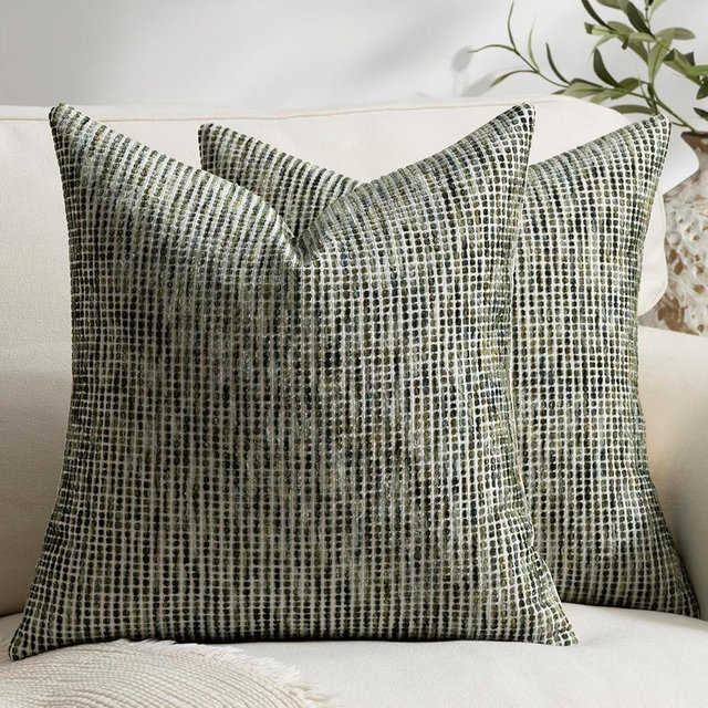 Purewish Pack of 2 Neutral Throw Pillow Covers 20x20 Boho Textured Dots Stripe Chenille Square Decorative Pillow Cases Accents for Living Room Couch Bed Farmhouse Home Decor, Olive Green