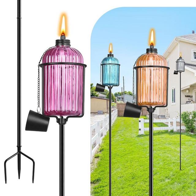 FAN-Torches 4 Pack Glass Garden Torch, 13.5 oz Colorful Outdoor Torch Garden Décor,59-Inch Upgraded Citronella Torches with 3-Prong Grounded Stake, Metal Light Torches for Party Patio Pathway
