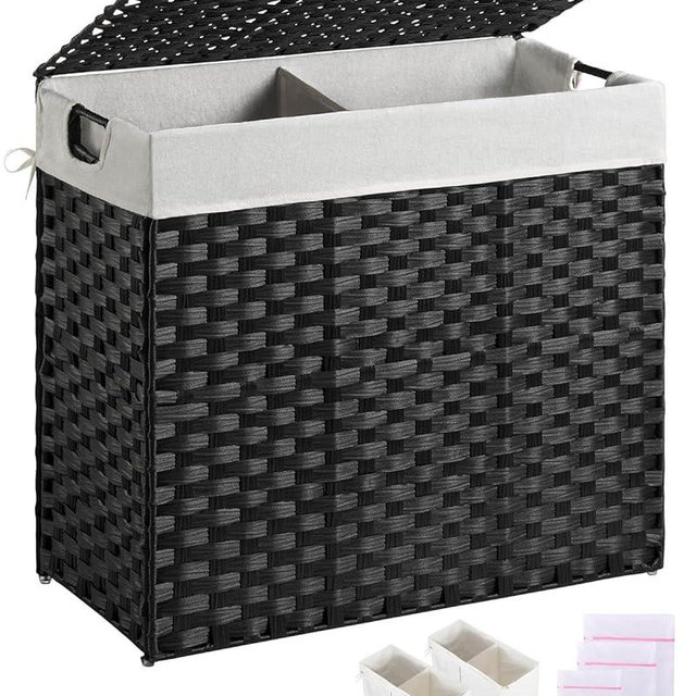 Greenstell Laundry Hamper with lid, No Install Needed, 130L Wicker Laundry Baskets Foldable 2 Removable Liner Bags, 2 Section Clothes Hamper Handwoven Rattan Laundry Basket with Handles, Black