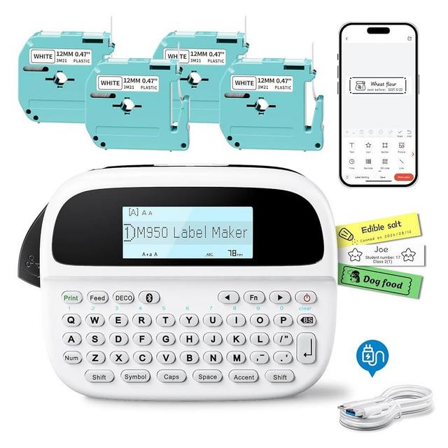 Label Maker Machine with 4 Tapes, M950 Rechargeable Backlit Portable Labelmaker, Inkless 12mm Label Printer for Pantry Organizer, Waterproof Removable Freezer Food-Labels for Jars/Containers/Bottle