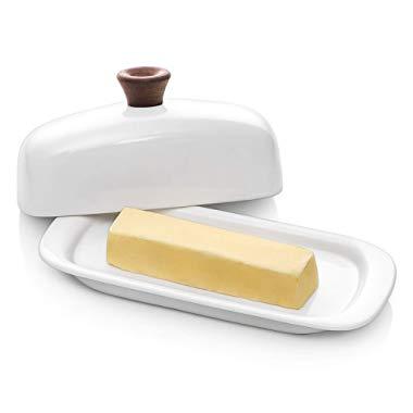 DOWAN Butter Dish with Lid, Porcelain Butter Dish with Handle Cover Design, 8 inches, White