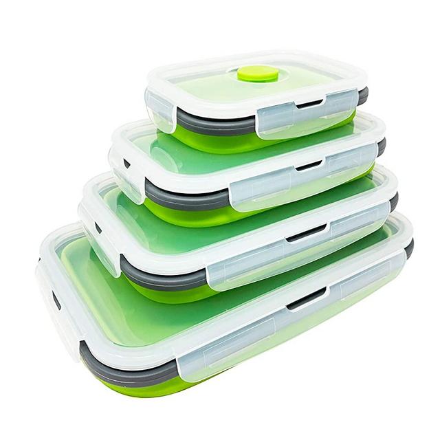 Set of 4 Collapsible Silicone Food Storage Container, Leftover Meal box For Kitchen, Bento Lunch Boxes, BPA Free, Microwave, Dishwasher and Freezer Safe. Foldable Thin Bin Design Saves Your Space.