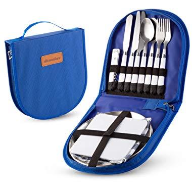 Camping Silverware Kit Cutlery Organizer Utensil Picnic Set 12 Piece Mess Kit - Stainless Steel Spoon Butter & Serrated Knife Wine Opener Fork Napkin Hiking Camp Kitchen BBQ’s