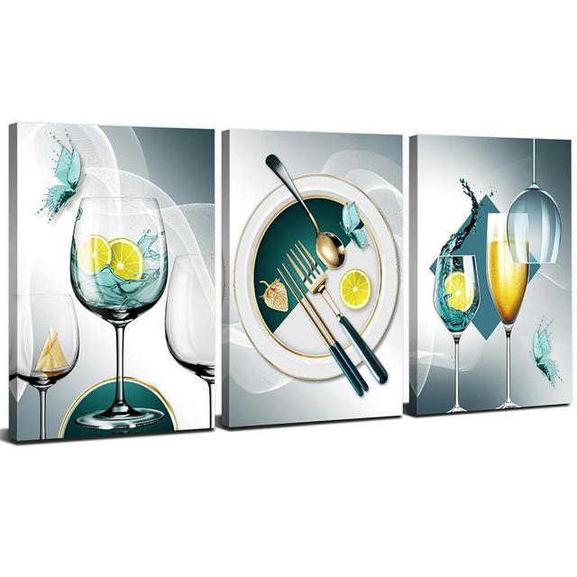 Teal Grey Turquoise Wine Glass Canvas Wall Art for Kitchen Modern Bar Pictures Dining Room Wall Decor Geometric Goblet Cups Poster Abstract Kitchenware Paintings Artwork Home Decorations 12x16” 3 Pcs
