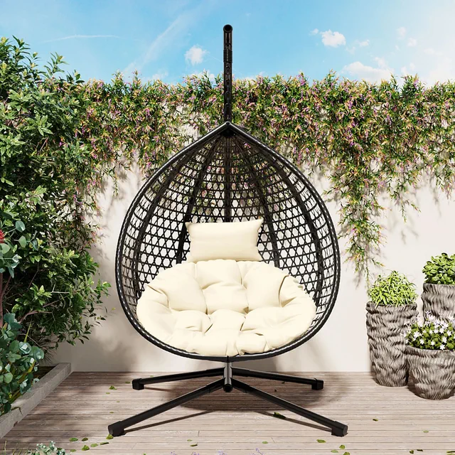 GDFStudio Anderson Hanging Egg Rattan Chair with Stand and Soft Removable Cushion, Black/Beige