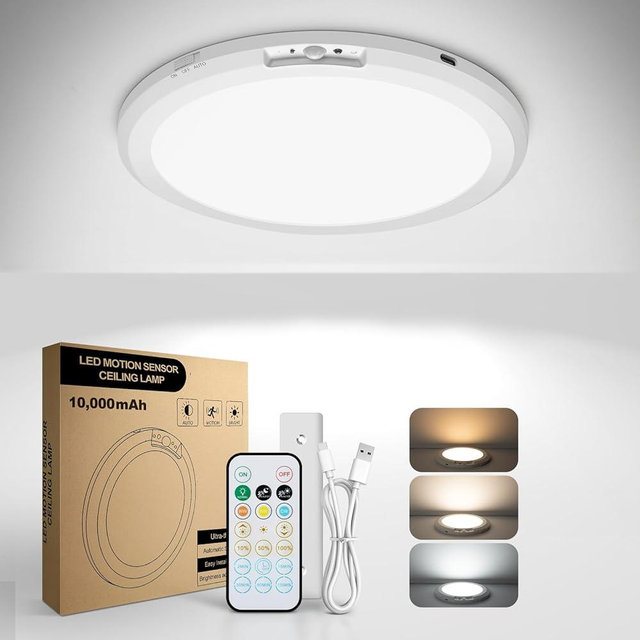 Aggforbl 10,000mAh Rechargeable Ceiling Light with Remote, Wireless Waterproof Shower Lights 3000K/4000K/6000K, Battery Powered Light for Closet Battery Operated, Motion Sensor Lights No Wiring