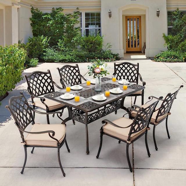 Attliahome 7-Piece Cast Aluminum Outdoor Table and Chairs, Antique Bronze Patio Dining Sets Include 60" Large Patio Dining Table and 6 Chairs with Removable Cushion