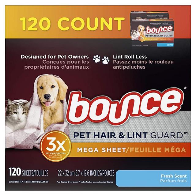 Bounce Pet Hair and Lint Guard Mega Dryer Sheets for Laundry, Fabric Softener with 3X Pet Hair Fighters, Fresh Scent, 120 Count