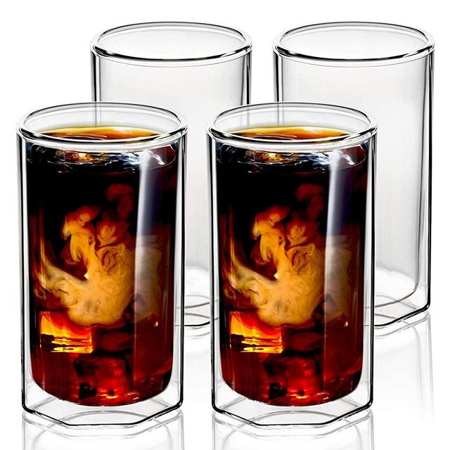 ZENS Double Walled Glasses,Unique Octagonal 13 oz Insulated Coffee Mugs Set of 4, Clear Borosilicate Glass Cups for Cappuccino or Latte Macchiato