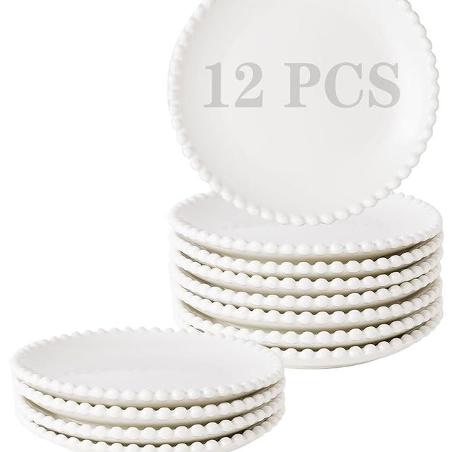 BABALIU 6 Inch White Porcelain Beaded Dessert Plates Set of 12 | Round Shape,Ceramic,Small,Dinner Serving Dishes,for Appetizer,Cake,,Snacks,Fruits, Microwave, Dishwasher,Oven Safe