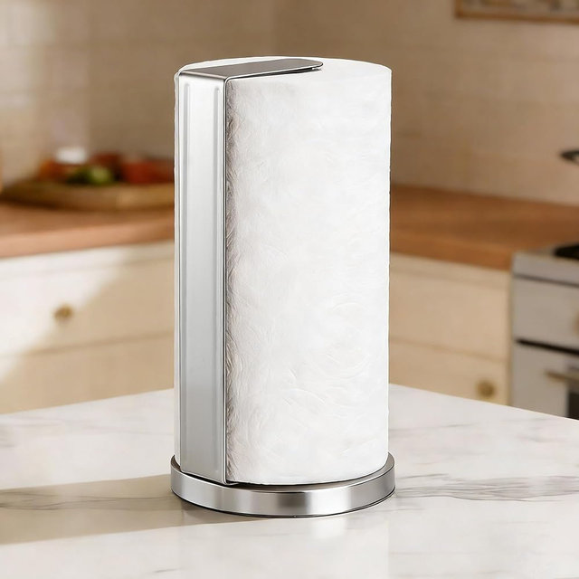 ZUNTO Paper Towel Holder for Countertop, Freestanding Kitchen Paper Towel Organizer, One-Hand Tear Paper Towel Rack, Heavy Duty and Non-Slip, Silver