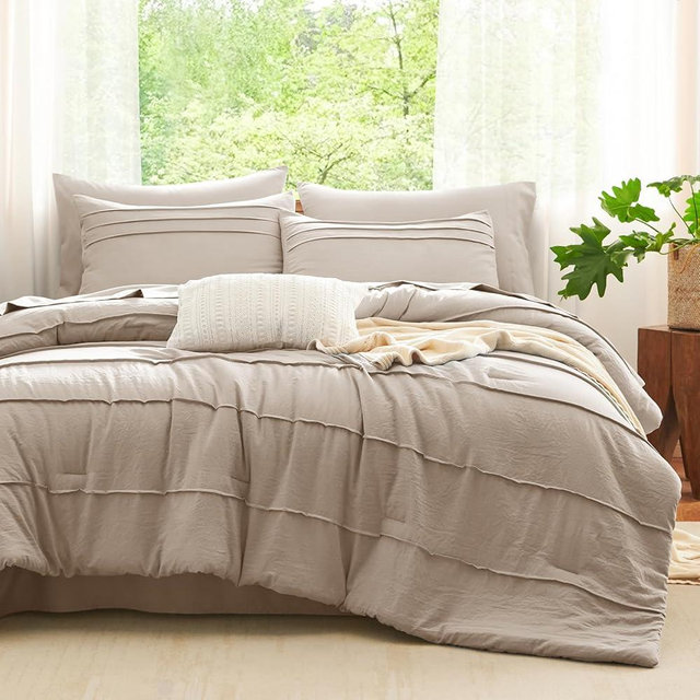 CozyLux Queen Comforter Set Wheat, 7 Pieces Soft Pinch Pleat Bed in a Bag Queen Comforter Set with Sheets, Boho Bed Set with Down Alternative Comforter, Sheets, Pillowcases & Shams