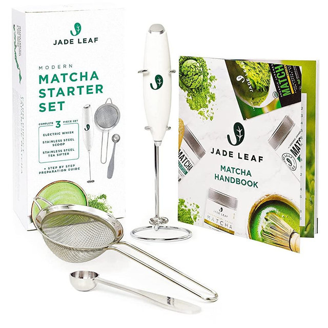 Jade Leaf Modern Matcha Starter Set - Electric Matcha Whisk + Milk Frother, Stainless Steel Spoon, Stainless Steel Sifter, Printed Handbook
