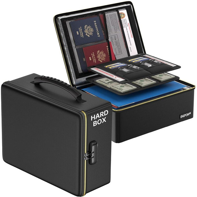 ENGPOW Fireproof Document Box,Hard Fireproof Box with Fireproof Zipper＆Lock,Fireproof Water Resistant Box File Organizer Storage Box Portable Safe for Important Documents,Files,Laptop,Valuable,Black