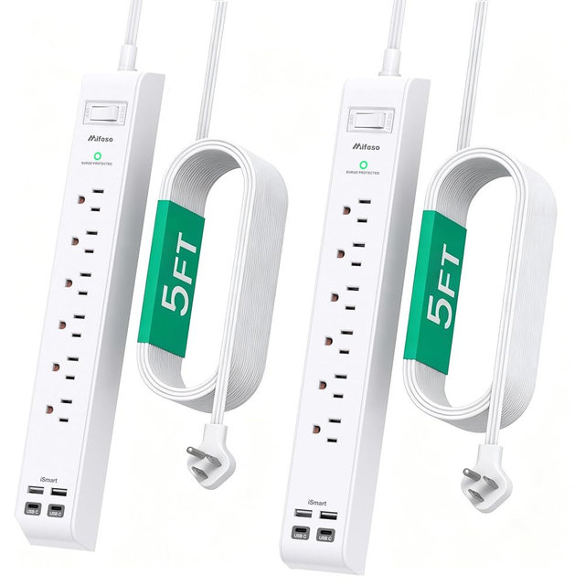 2 Pack Power Strip, Extension Cord 5FT, Surge Protector with 6 Outlets and 4 USB Ports (2 USB C), Flat Plug Overload Protection, Extension Cord with Multiple Outlets, Wall Mount for Home Dorm College