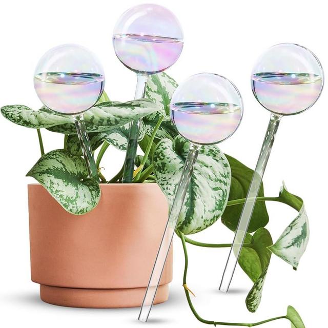 [4 PCS] Light Iridescent Rainbow Gradient Color Clear Glass Self-Watering System Spikes, Aqua Globes Automatic Plant Waterer Bulbs