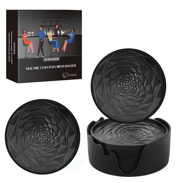 Silicone Coasters Set of 6 with Holder, Unique Rose Petal Design, Drink Coasters for Table Protection, Cup Mat for Hot-Cold Beverages, Modern Non-Slip, Non-Stick Design, Ideal Gift(6 Pack, Black)