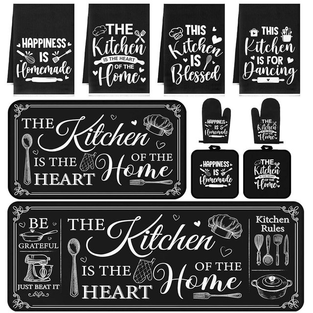 Fourluoo 10 Pcs Farmhouse Kitchen Home Decor Set 4 Kitchen Dish Towels 2 Pot Holders 2 Oven Mitt Rustic Rug and Mat for Cooking Baking Daughter Mom Gift Decor (Black)