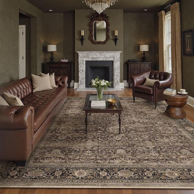 HUGEAR 9x12 Area Rugs Machine Washable Retro Brown Living Room Bedroom Rug Distressed Vintage Neutral Stain Resistant Non Slip Low Pile Large Throw Carpet for Home Aesthetic Decor