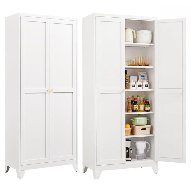 Bayunity 75" Metal Kitchen Pantry Cabinet with Dual Handles & Adjustable Legs, Freestanding Storage Cabinet with Doors and 5 Adjustable Shelves, Tall Food Pantry for Kitchen Dining Room, White