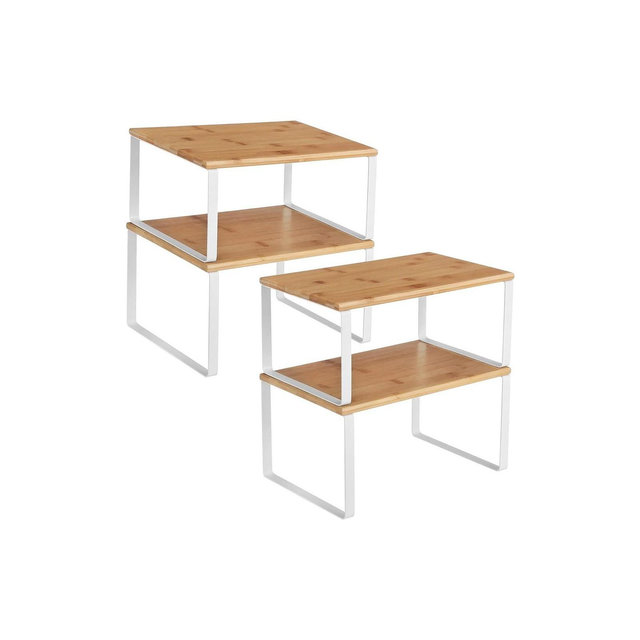SONGMICS Cabinet Shelf Organizers, Set of 4 Kitchen Counter Shelves, Stackable, Expandable Spice Racks, Metal and Engineered Wood, White and Natural