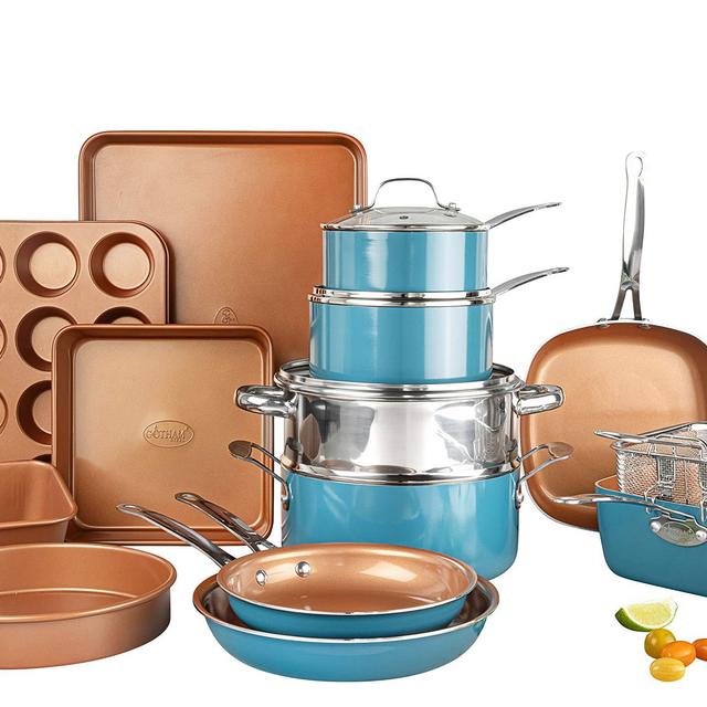 Gotham Steel Cookware + Bakeware Set with Nonstick Durable Ceramic Copper Coating – Includes Skillets, Stock Pots, Deep Square Fry Basket, Cookie Sheet and Baking Pans, 20 Piece, Turquoise