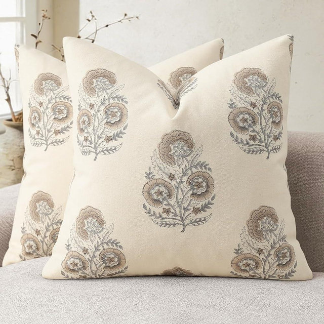 YCOLL Vintage Floral Print Pillow Covers 18x18 Set of 2 Patterned Accent Decorative Cushion Covers Modern Farmhouse Throw Pillow Covers for Sofa Couch Chair Bed Living Room Home Decor, Light Brown