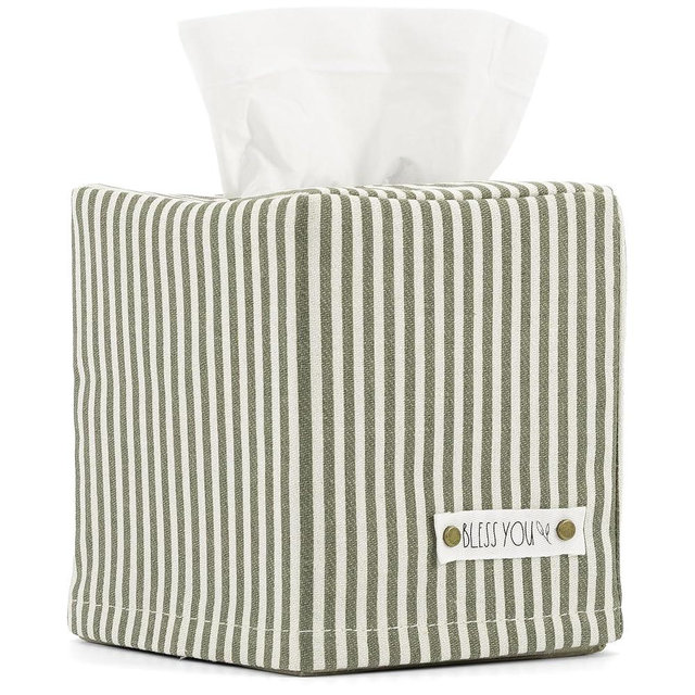 Stylish Tissue Box Cover - This Sage Striped Linen Holder Instantly Covers Your Square Tissue Boxes - The Perfect Cube Cover for Your Bathroom and Home