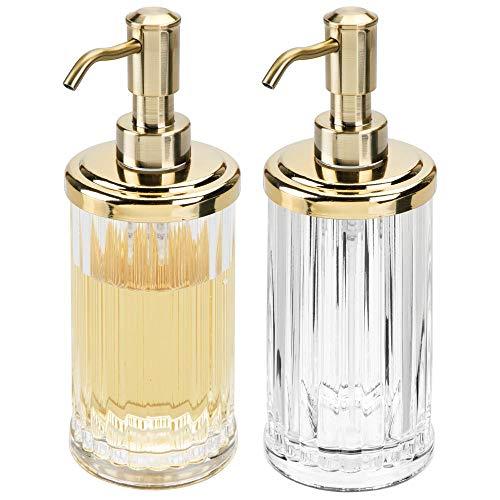 mDesign Fluted Plastic Refillable Liquid Soap Dispenser Pump Bottle for Bathroom Vanity Countertop, Kitchen Sink - Holds Hand Soap, Dish Soap, Hand Sanitizer, Essential Oil - 2 Pack - Clear/Soft Brass