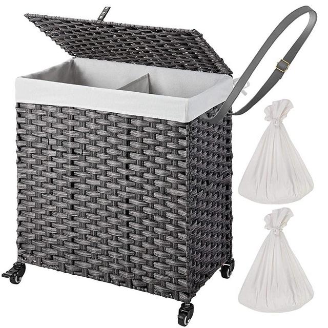 Greenstell Laundry Hamper with Wheels and 2 Removable Liner Bags, Divided Clothes Laundry Basket with Lid and Handles, Synthetic Rattan Handwoven Clothes Basket, Foldable and Easy to Install Gray