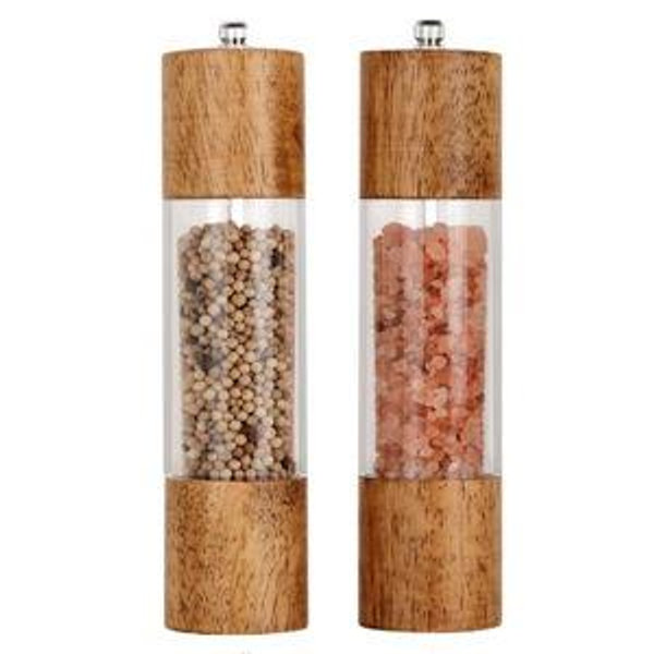 Premium Acrylic Salt and Pepper Grinder Set, Manual Salt and Pepper Mills- Wooden Shakers with Adjustable Ceramic Core-Salt Grinder and Pepper Mill -8 Inches-Pack of 2