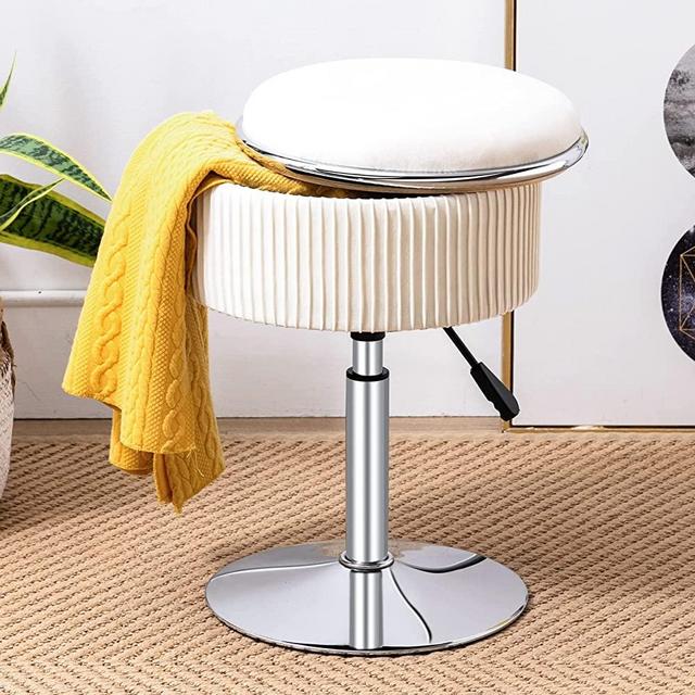 Round Storage Vanity Stool, 360°Swivel Height Adjustable Stool Chair, Beige Vanity Stool Chair for Makeup Room, Velvet Stool for Vanity With Storage, Vanity Ottoman Chair for Bathroom Living Room