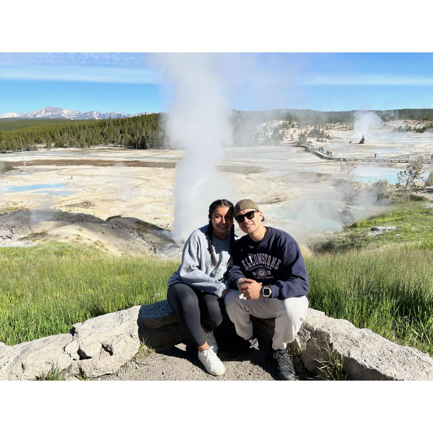 Yellowstone trip with Chuffy's family 2023. These hot springs, geysers and basins were so STINKY (like rotten eggs) so we held our breath each time haha