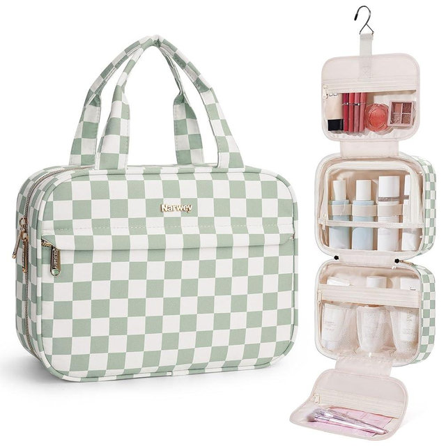 Narwey Hanging Toiletry Bag for Women Checkered Travel Makeup Bag Cosmetic Make Up Organizer Toiletries Bag for Travel Essentials Accessories (Mint Green Checkerboard, Medium)