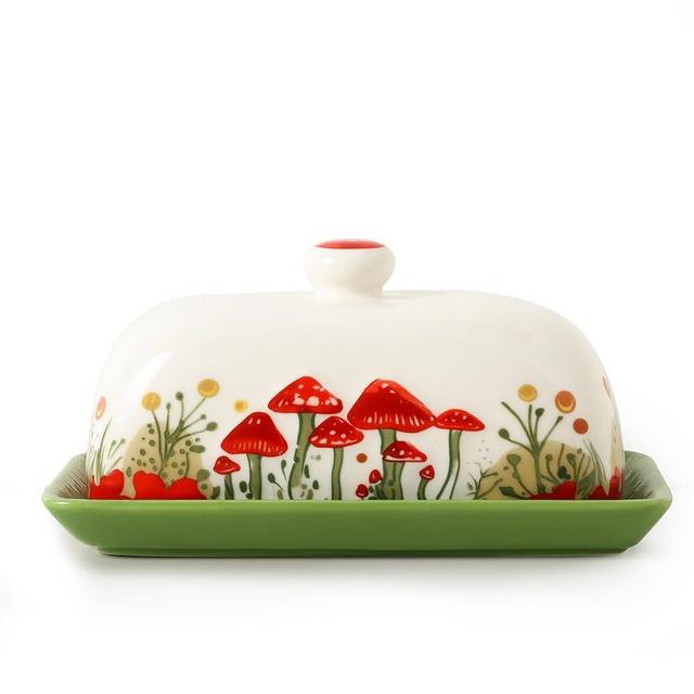 Mushroom Butter Dish with Lid for Countertop, Ceramic Butterdish for Kitchen Counter, Decorative Cute Butter Holder Dish with Knob Handle, Butter Keeper for Serving and Cooking Housewarming Gift