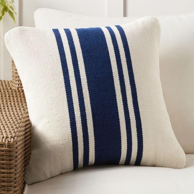 Modern Farmhouse Striped Indoor/Outdoor Pillow, 20" x 20", Navy