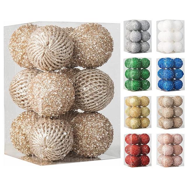 3.15" Christmas Ball Ornaments 12 pcs Glitter Sequin Foam Ball Shatterproof Christmas Decorations Tree Balls Xmas Hanging Balls for Xmas Trees Wedding Party Holiday Decorations(Champagne Gold)