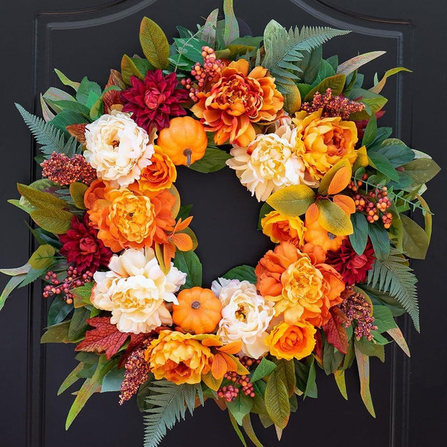 24" Fall Wreath for Front Door, Large Autumn Peony Wreath with Pumpkins, Dahlias, Fall Door Decoration for Home Porch Farmhouse Decor, Thanksgiving Halloween Decoration
