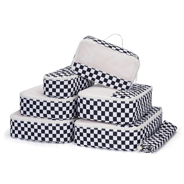 Narwey 7 Set Checkered Packing Cubes for Travel Carry on Suitcase Luggage Organizer Bags for Kids Women Men, Durable Packing Organizers Bag, Travel Essentials Accessories (Black Checkerboard)