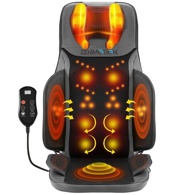 ZENMOTION Full Back Massager with Heat-Shiatsu Massage Chair Pad - 12-Point Shiatsu Back Massager for Chair with Height Adjustable Neck Massaging - Home Office Travel Kneading Massage Pads for Chairs